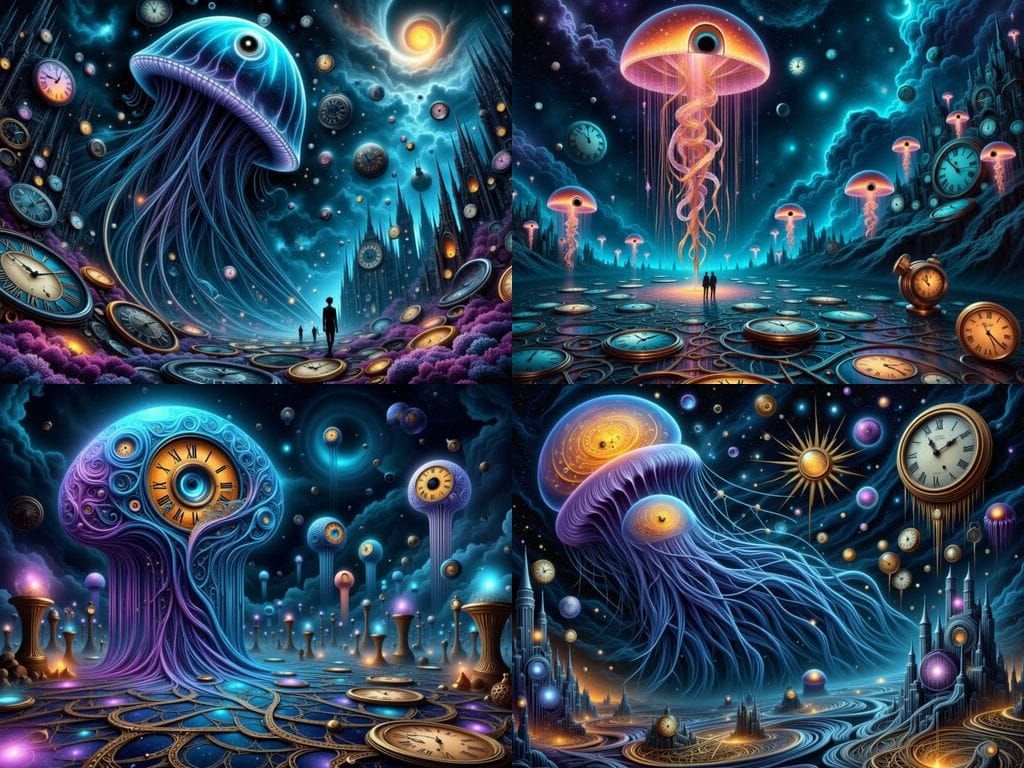 Surreal Bioluminescent Jellyfish in Cosmic Clockwork Void