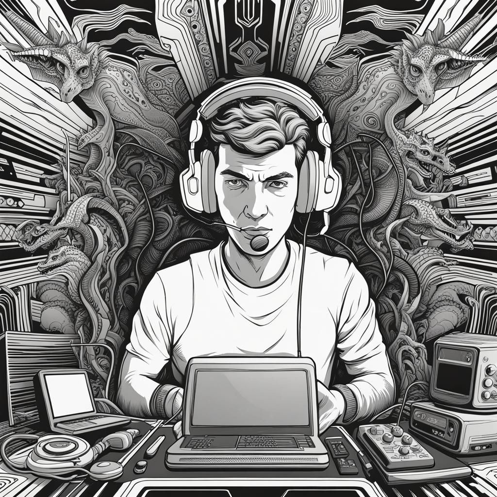 Dinosaur Gamer in Tech Room: Abstract Vector Art