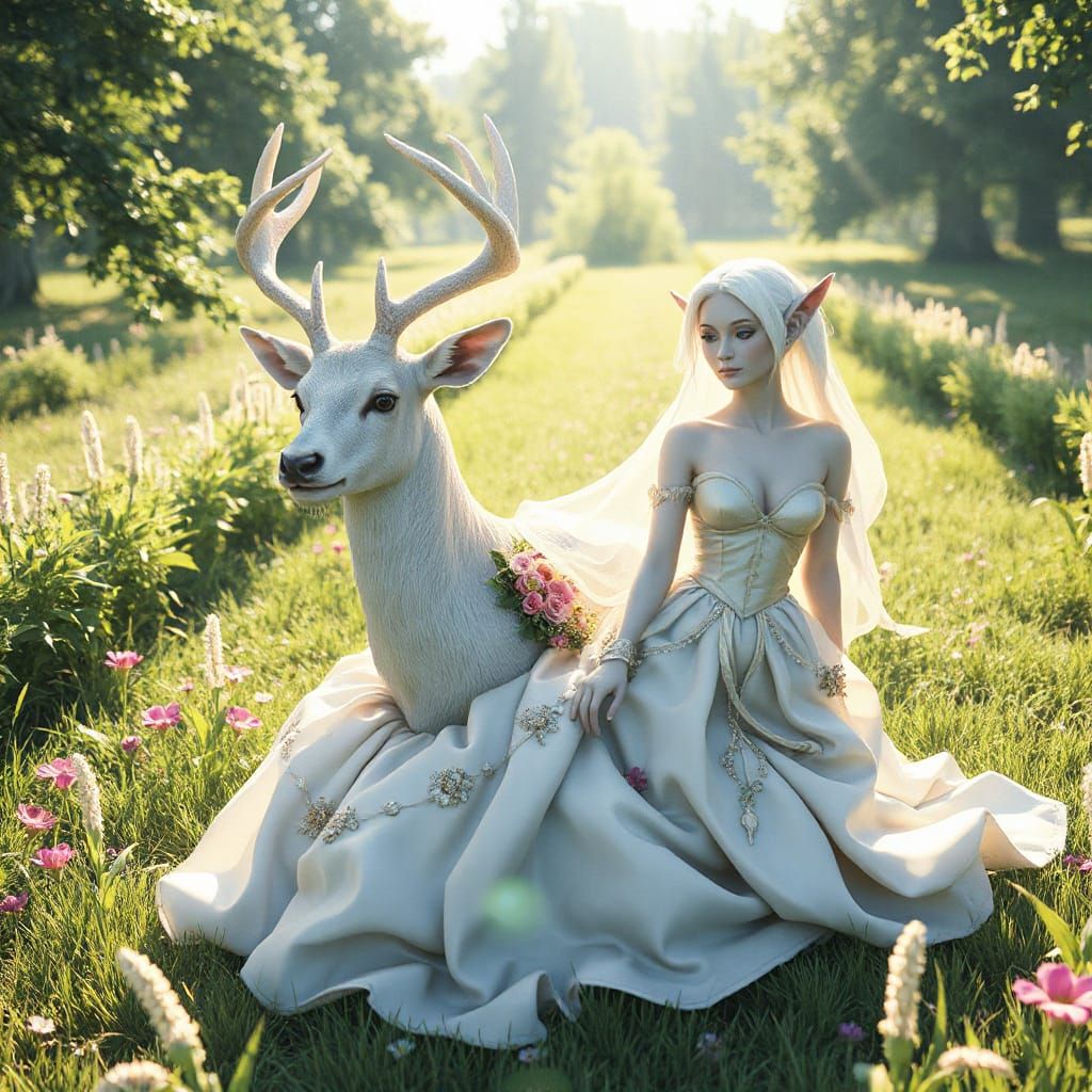 Elven Queen and Mystical White Deer in Meadow