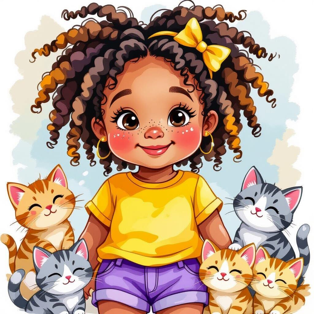 Little Girl with Kittens in Watercolor Style