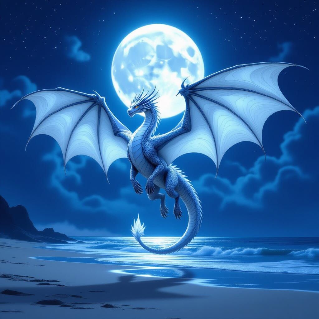 Majestic Silver Dragon Over Moonlit Beach
