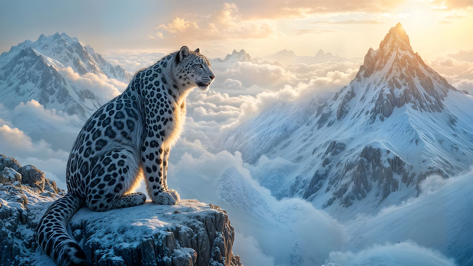 Snow Leopard on Windswept Mountain Peak in Epic Matte Painti...