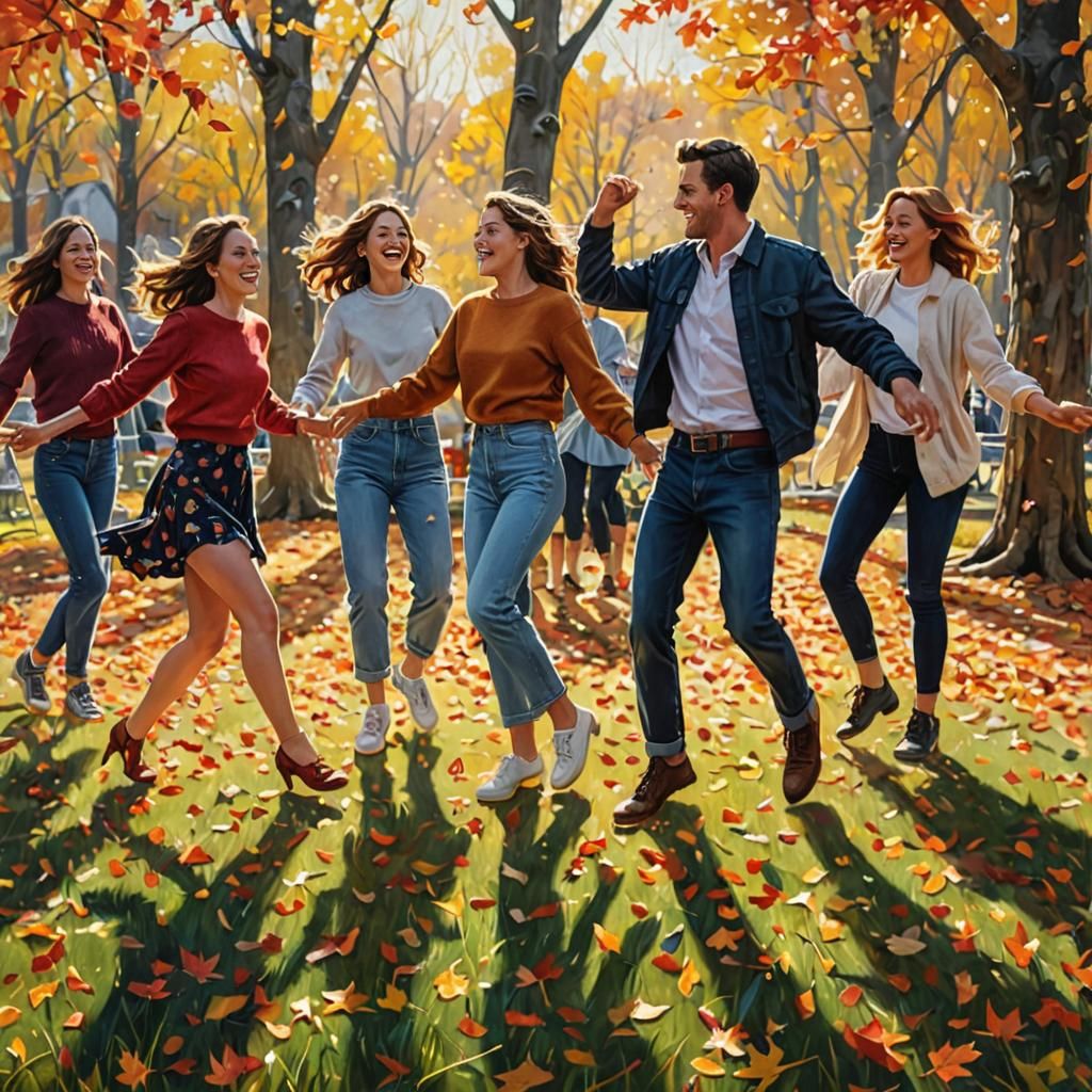 Autumn Party: Friends Dancing in Vibrant Oil Painting