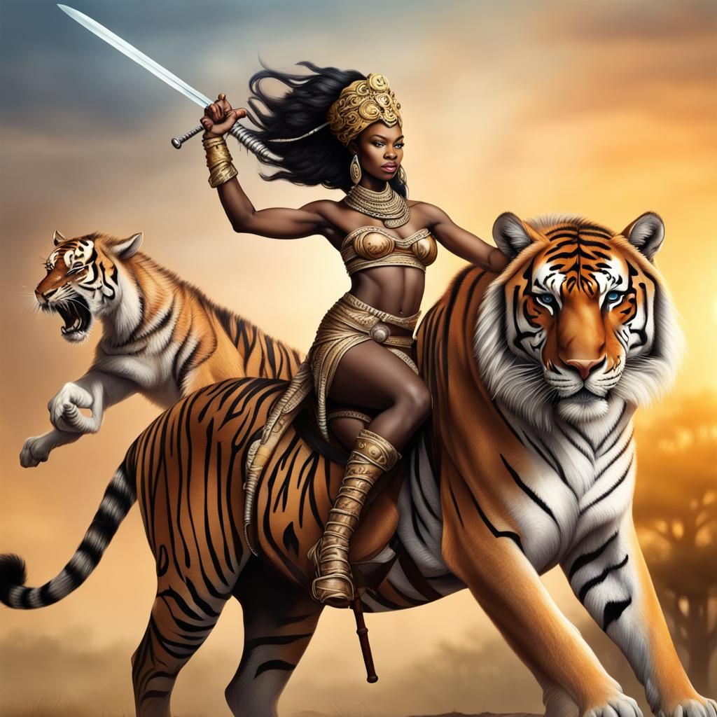 African Princess on Stallion with Tiger