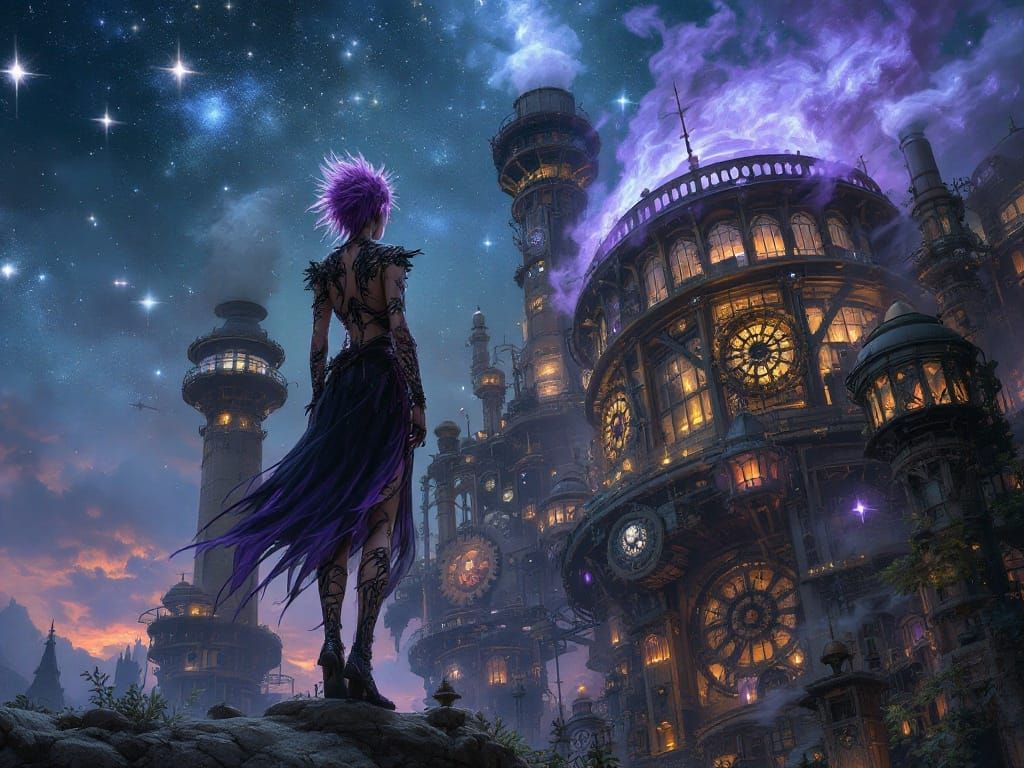 Dieselpunk Oracle Gazing at Stars from Observatory