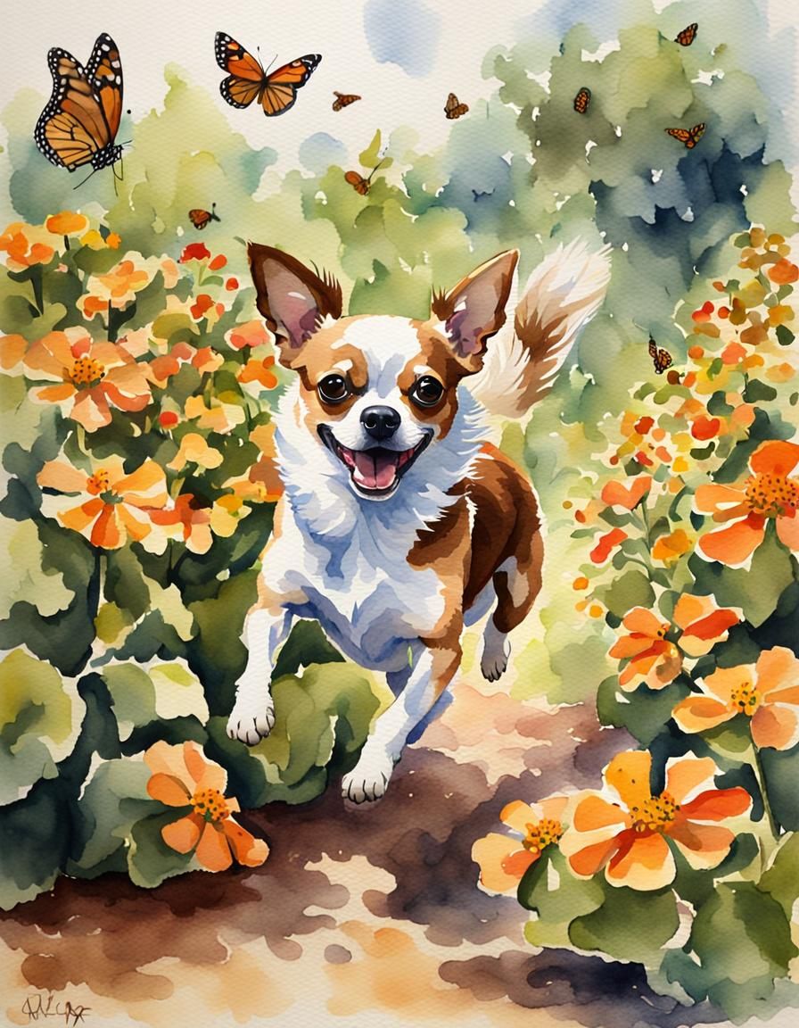 Chihuahua and Butterfly in Watercolor Lantana Patch