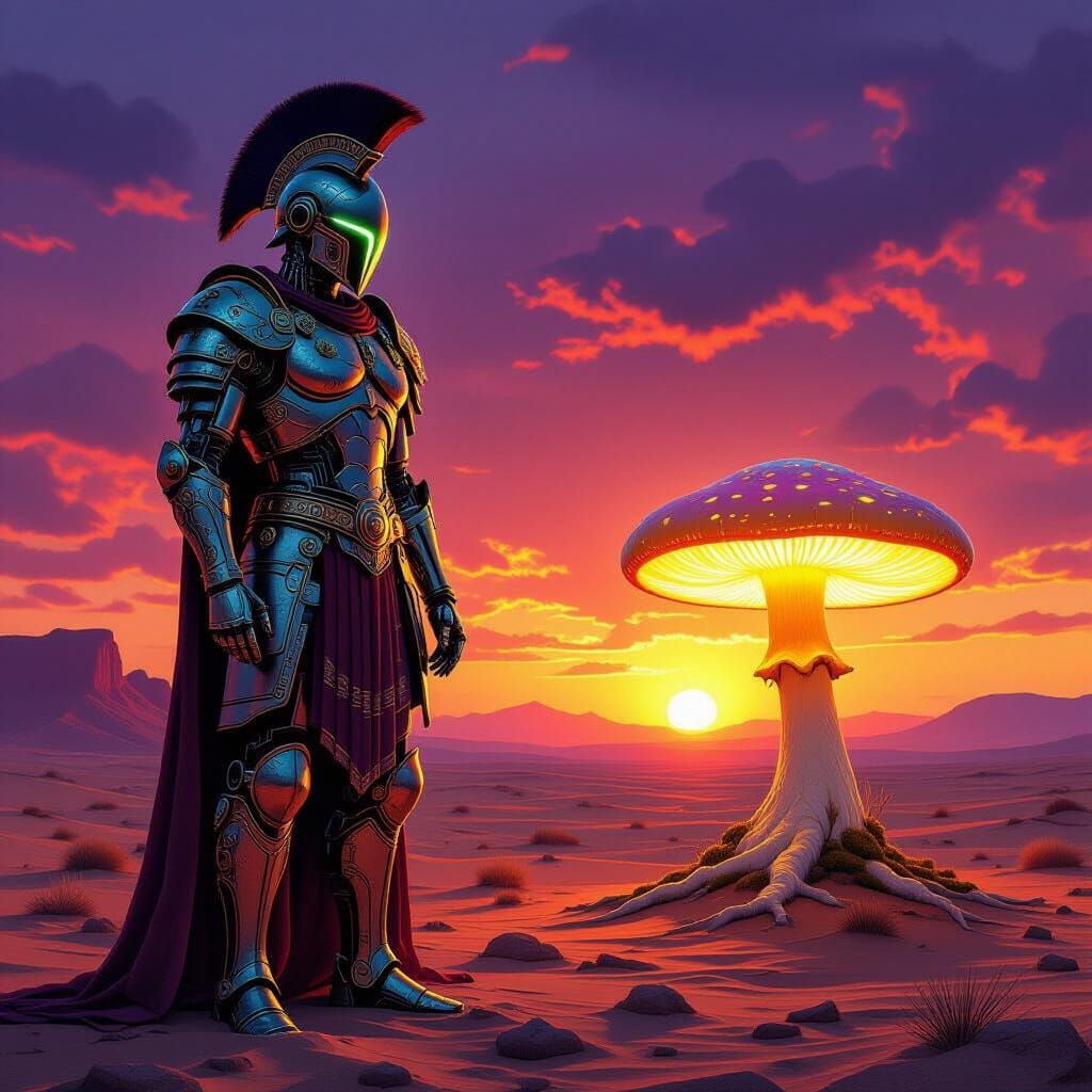 Surreal Roman Cyborg Warrior in Desert Sunset