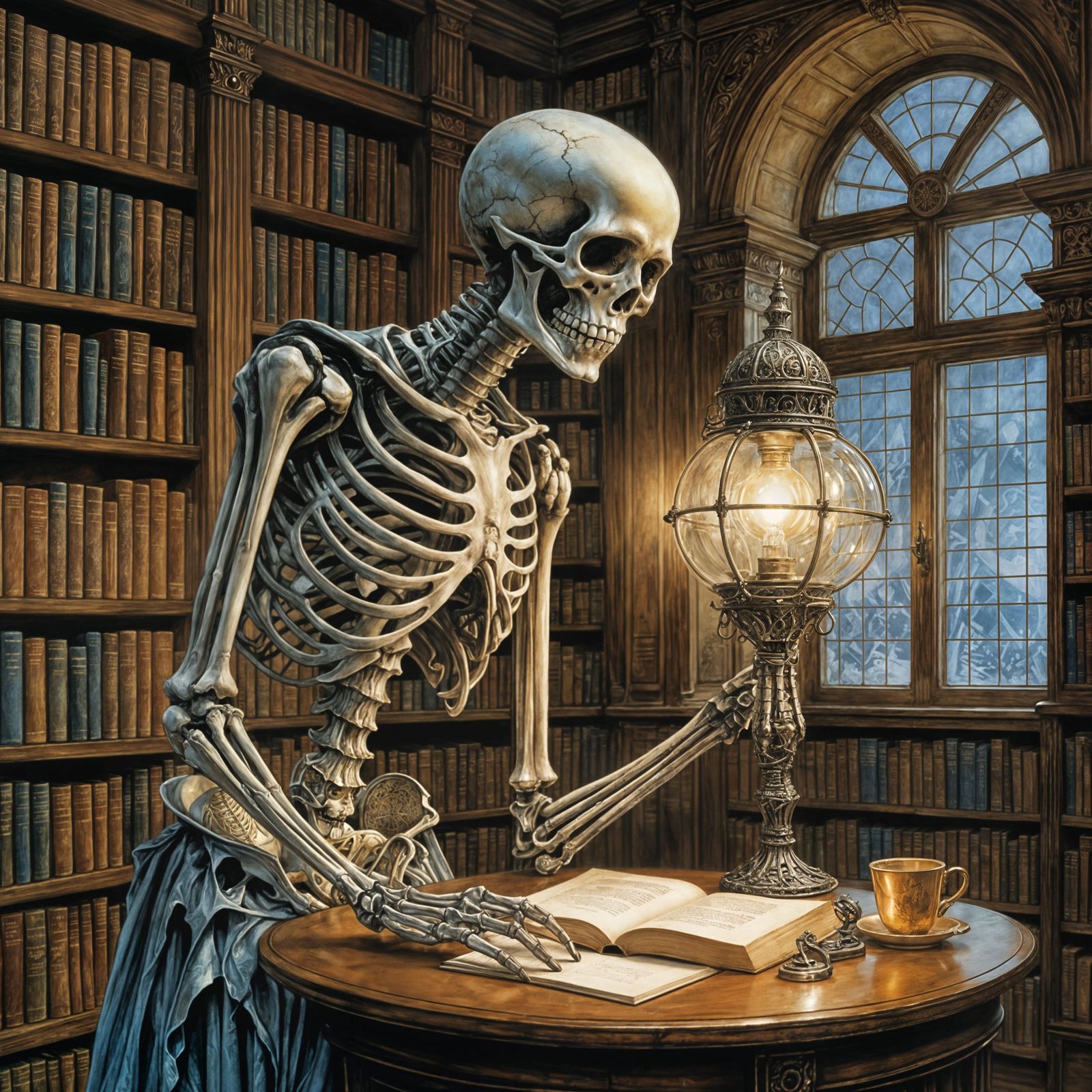 Magical Skeleton Lamp in Library, Pastel Illustration
