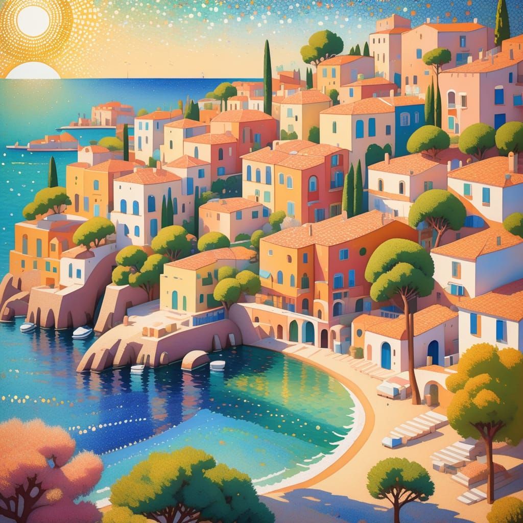 Mediterranean Village Pointillist Painting in Seurat Style