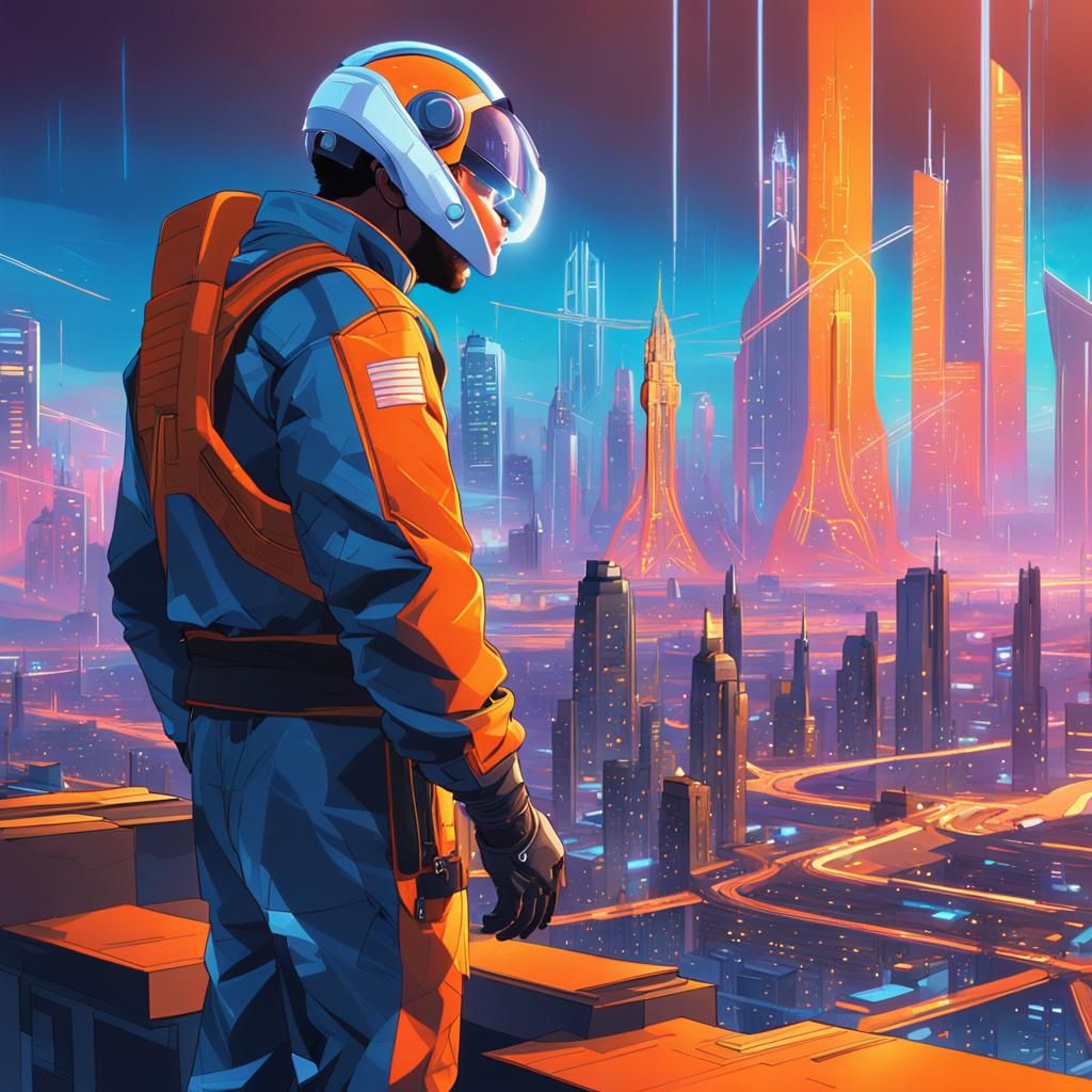 Futuristic Engineer Surveys the City Skyline