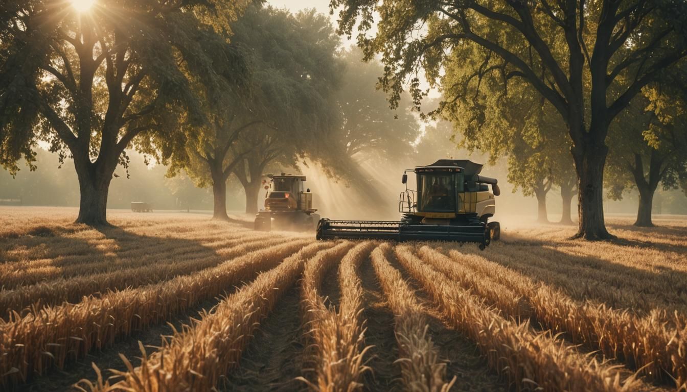 Golden Hour Wheat Harvest Among Walnut Trees