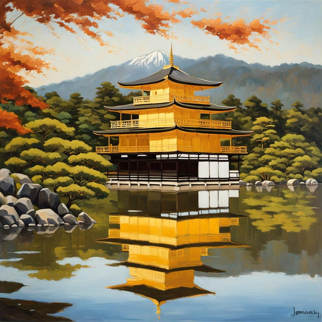 Golden Pavilion Reflection: Vintage-Style Oil Painting