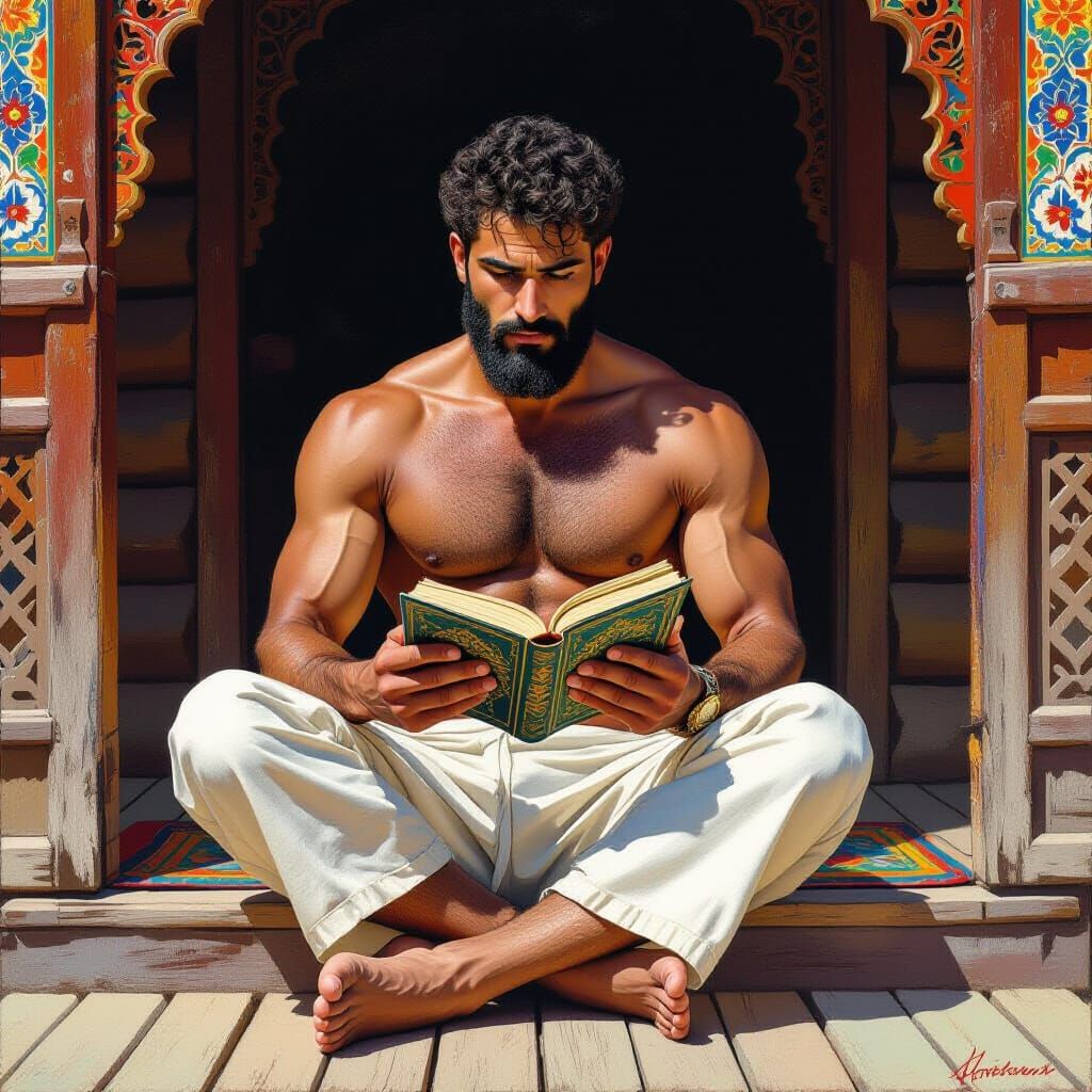 Muscular Arabian Man Reads Quran on Cabin Porch