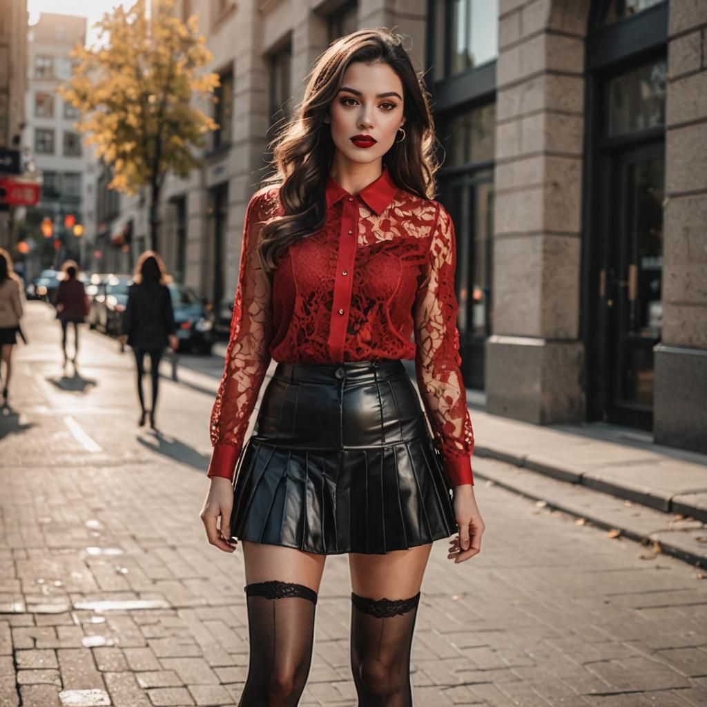 Brunette Woman in Red Lace Outfit, Realistic Portrait