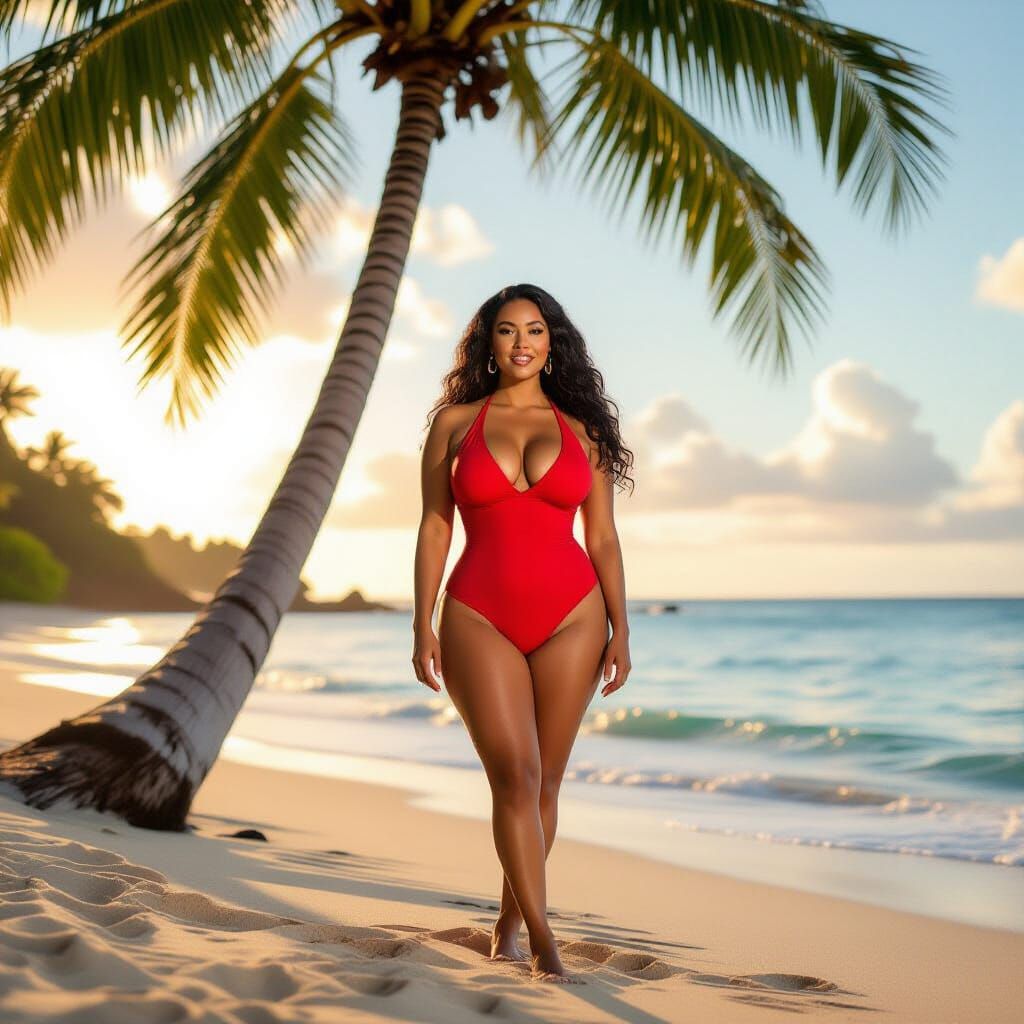 Pacific Islander Woman in Red Swimsuit on Tropical Beach
