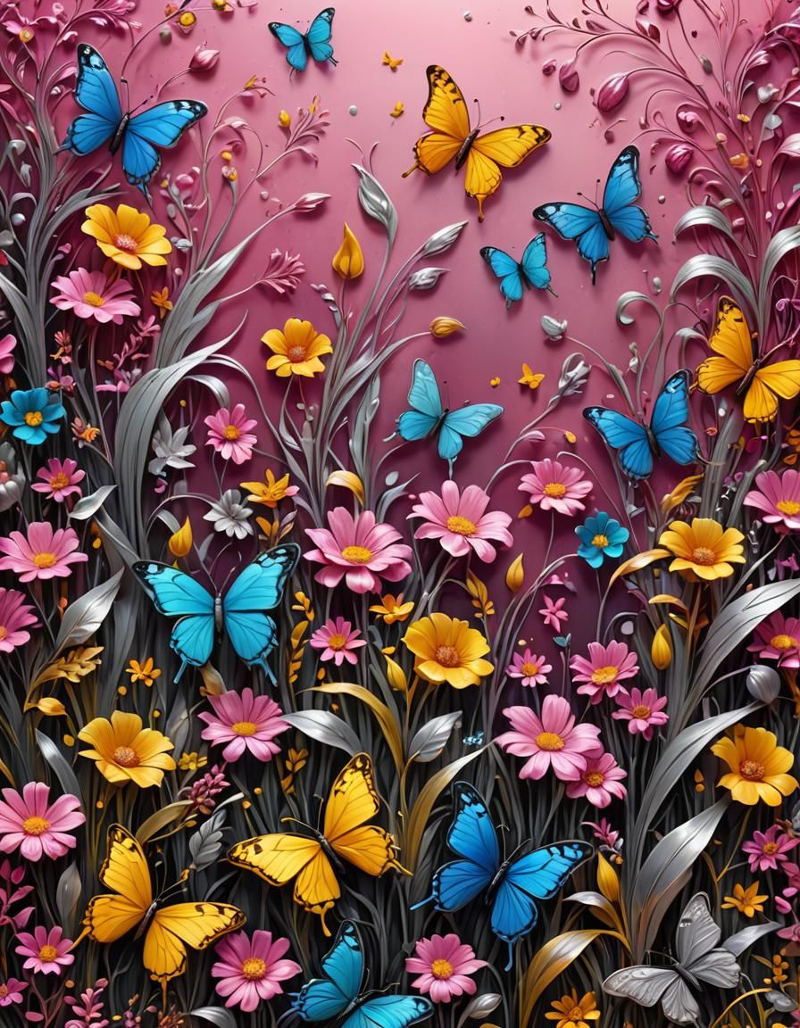 Butterflies and Flowers in Enamel Style