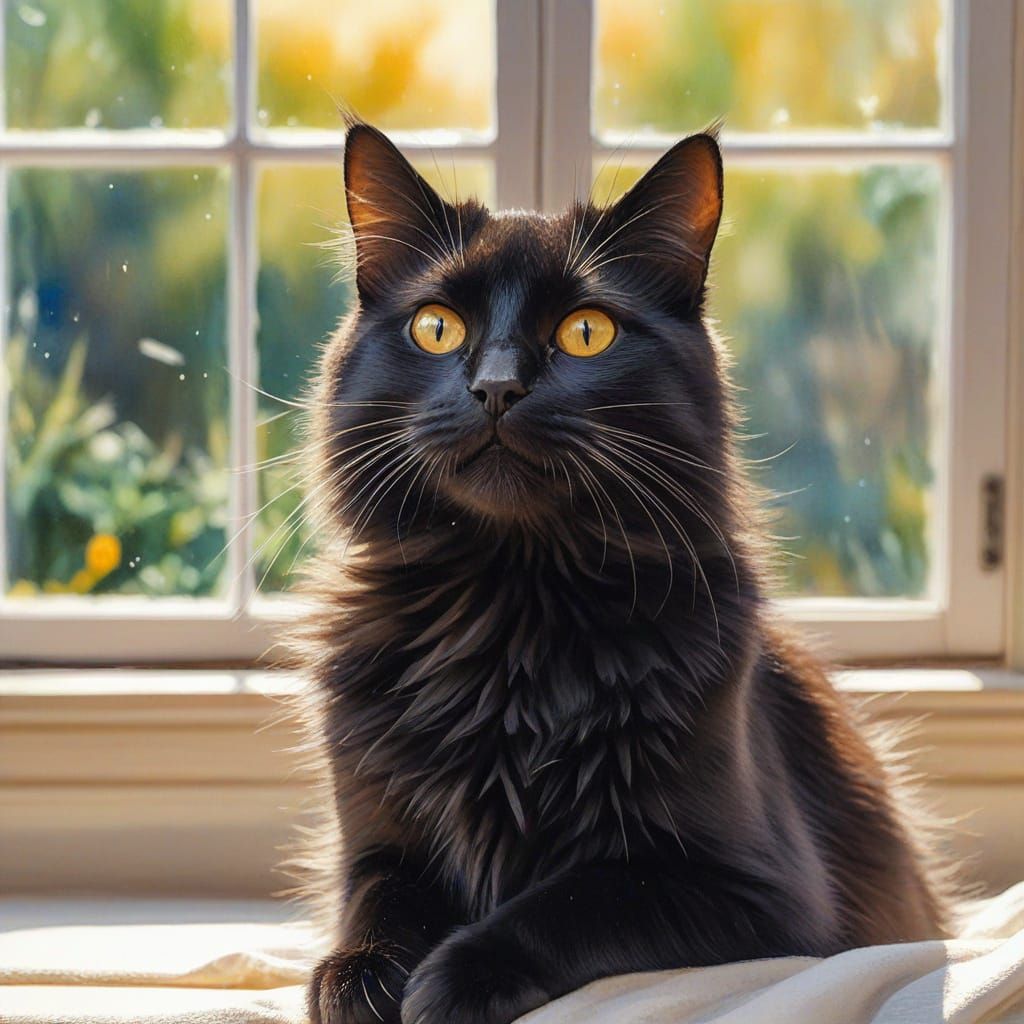 Whimsical Watercolor Cat on Windowsill