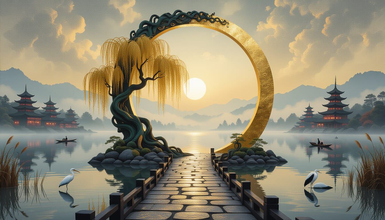Surreal Stargate Scene with Ancient Bonsai in Mixed-Media