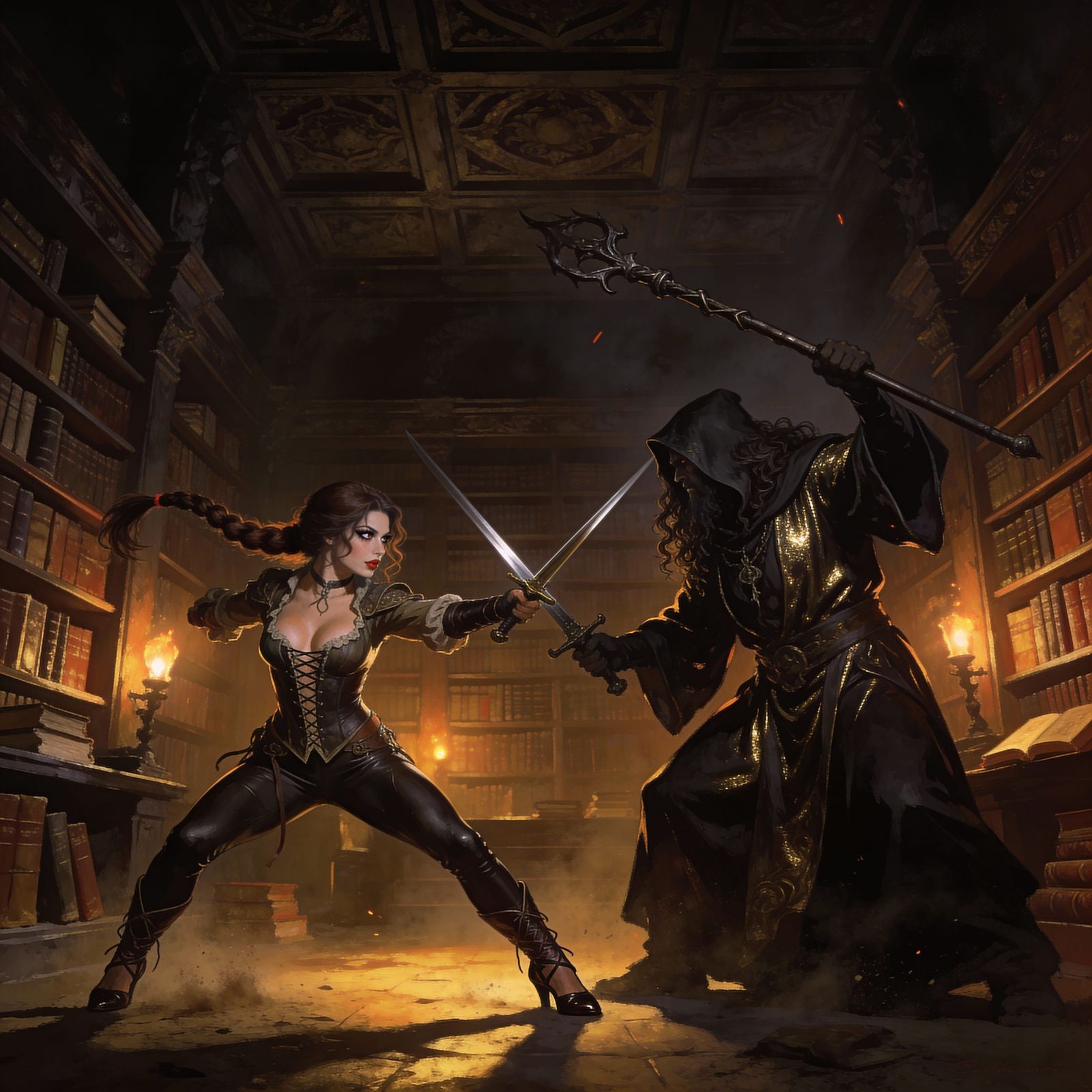 Sensual Rogue Battles Mage in Dark Library