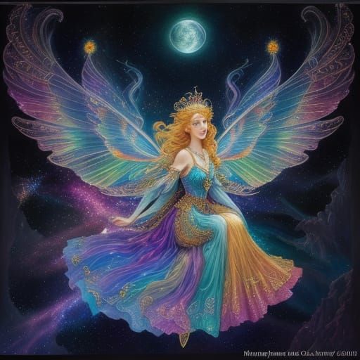 Stained Glass Fairy Soaring Through the Night Sky