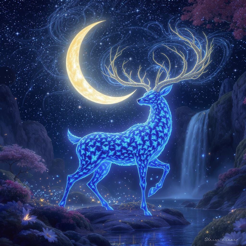 Bioluminescent Butterfly Deer in Whimsical Landscape