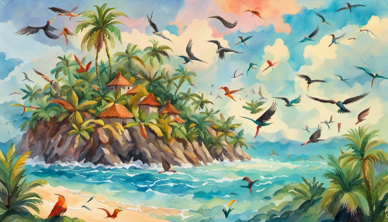 Tropical Island Birds in Gouache Watercolor Style
