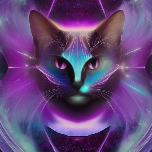 Black cat with purple eyes& amethyst clusters everywhere& sh...