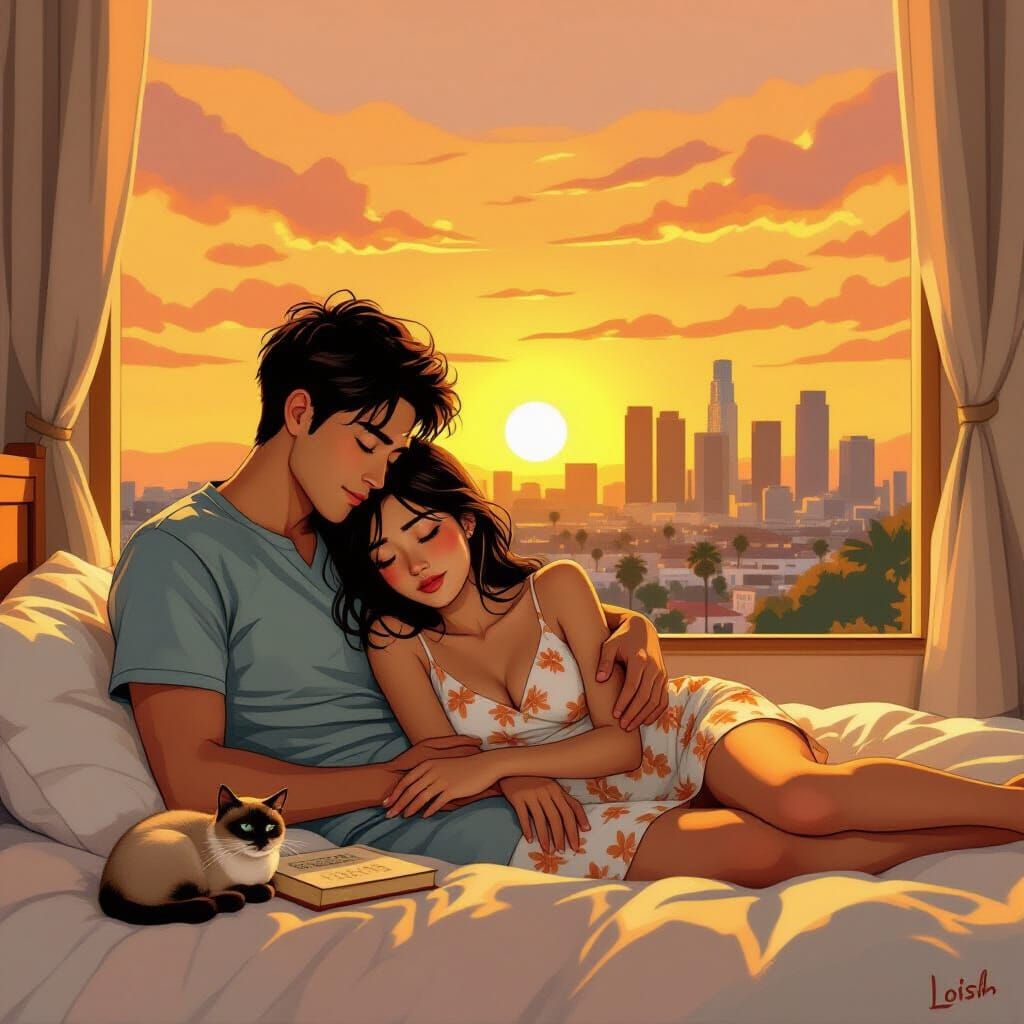 Emotional Sunset Scene: Woman Comforted by Boyfriend