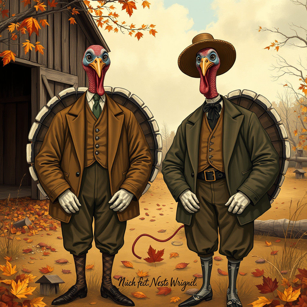 Wright Brothers Reimagined as Turkeys in Rockwell Style