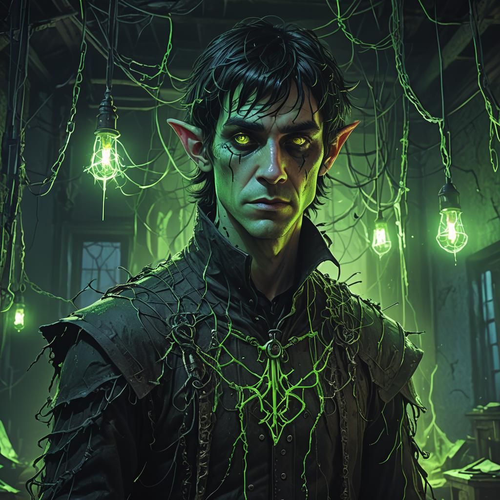 Eerie Midnight Elf Magician in Abandoned Mansion