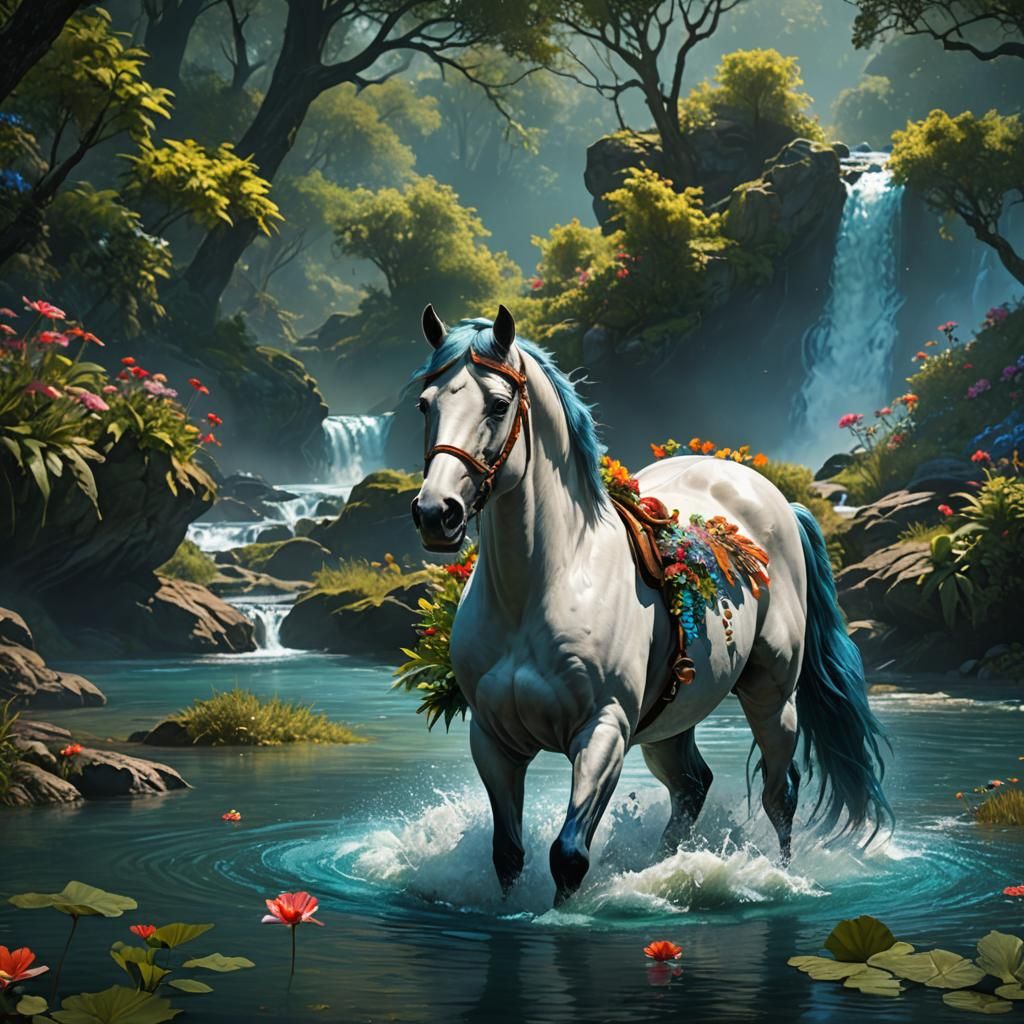 Majestic Horse in Ethereal River Landscape