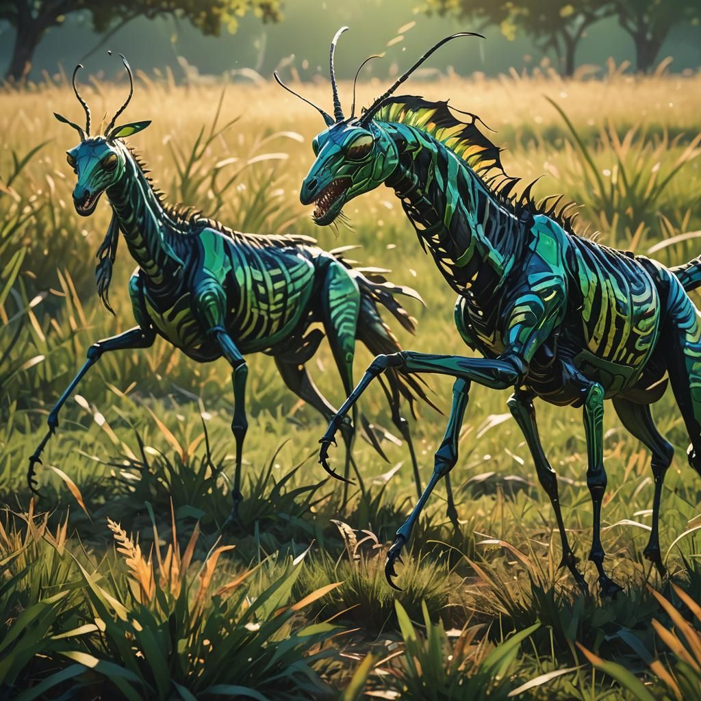 Mantis Zebra Hybrid Galloping in Field: Digital Art