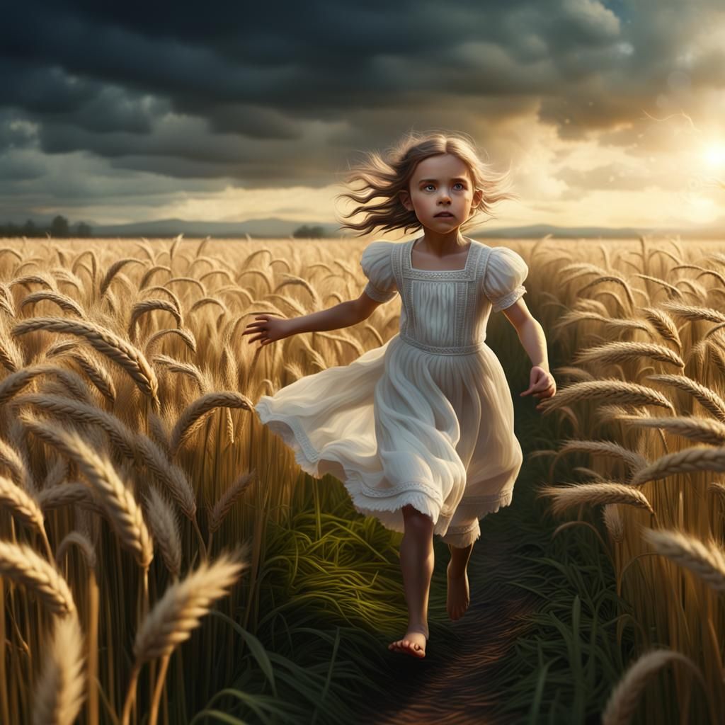 Halfling Woman Running Through Rye Field
