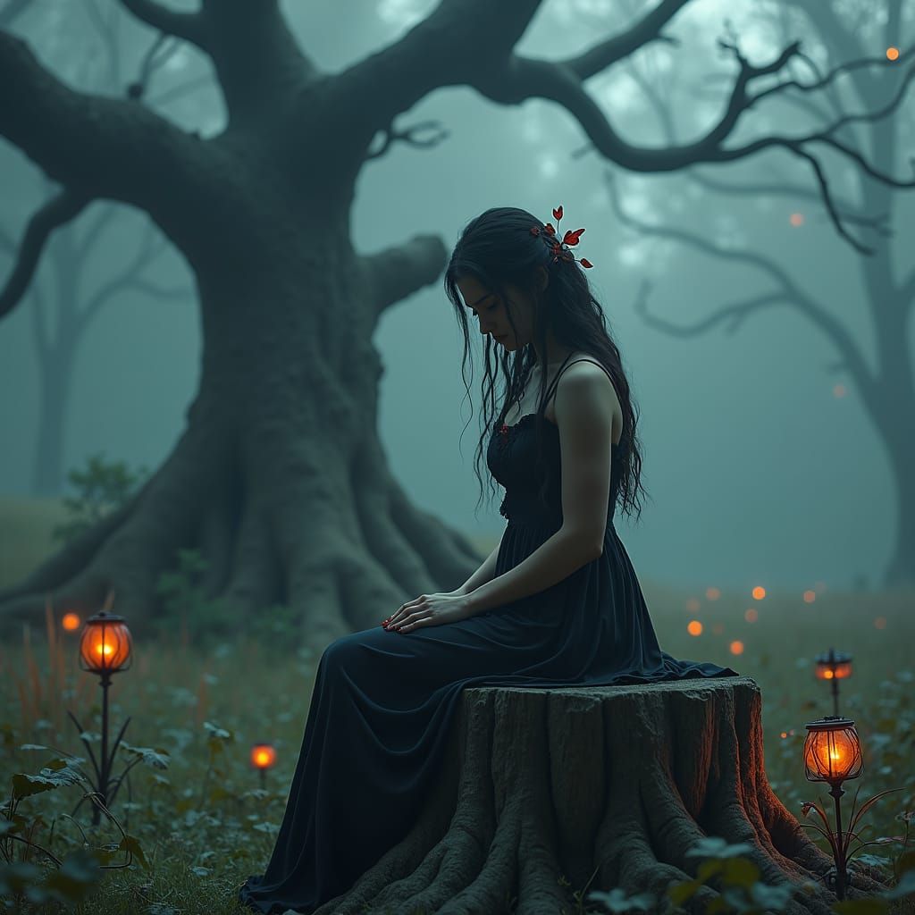 Mystical Forest Scene with Contemplative Woman