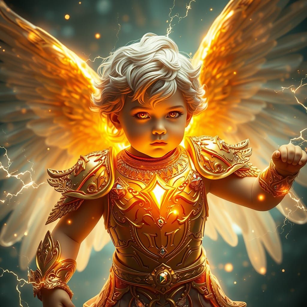 Majestic Angel in Gold Armor with Fiery Eyes and Electrical ...