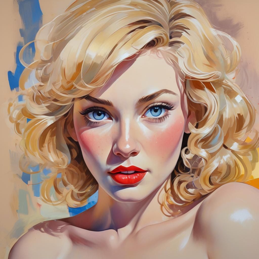 Gouache Pin-up Masterpiece: Sensual Woman in Elegant Attire