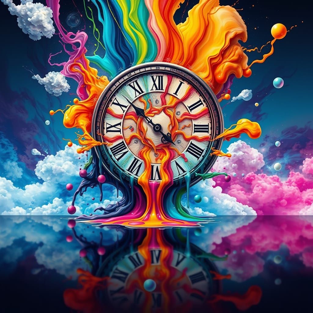 Surreal Clock in Vibrant, Dreamlike Landscape