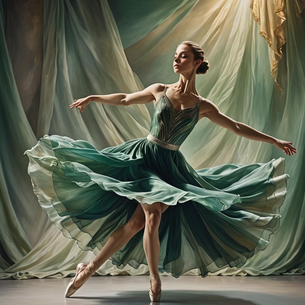 Ballet Dancer Leaping in Green Silk Dress