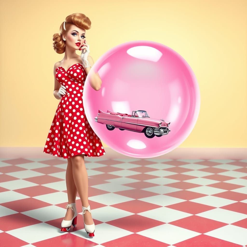 Retro Pin-Up Girl Blows a Giant Bubble Gum Bubble with a Min...
