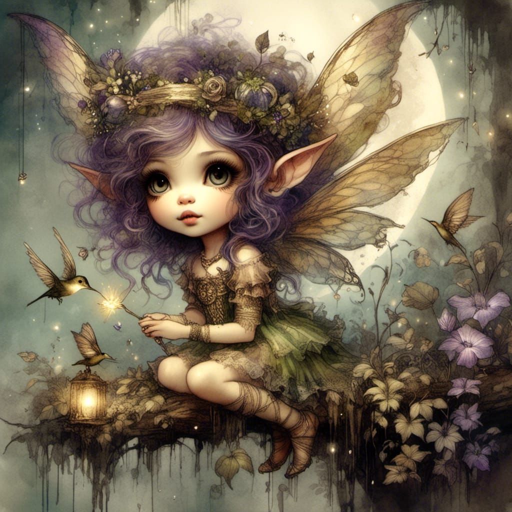 Chibi Dryad and Hummingbird in Enchanted Forest
