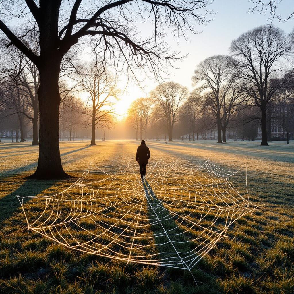 Fragile Winter Park at Sunrise with Frosted Cobwebs