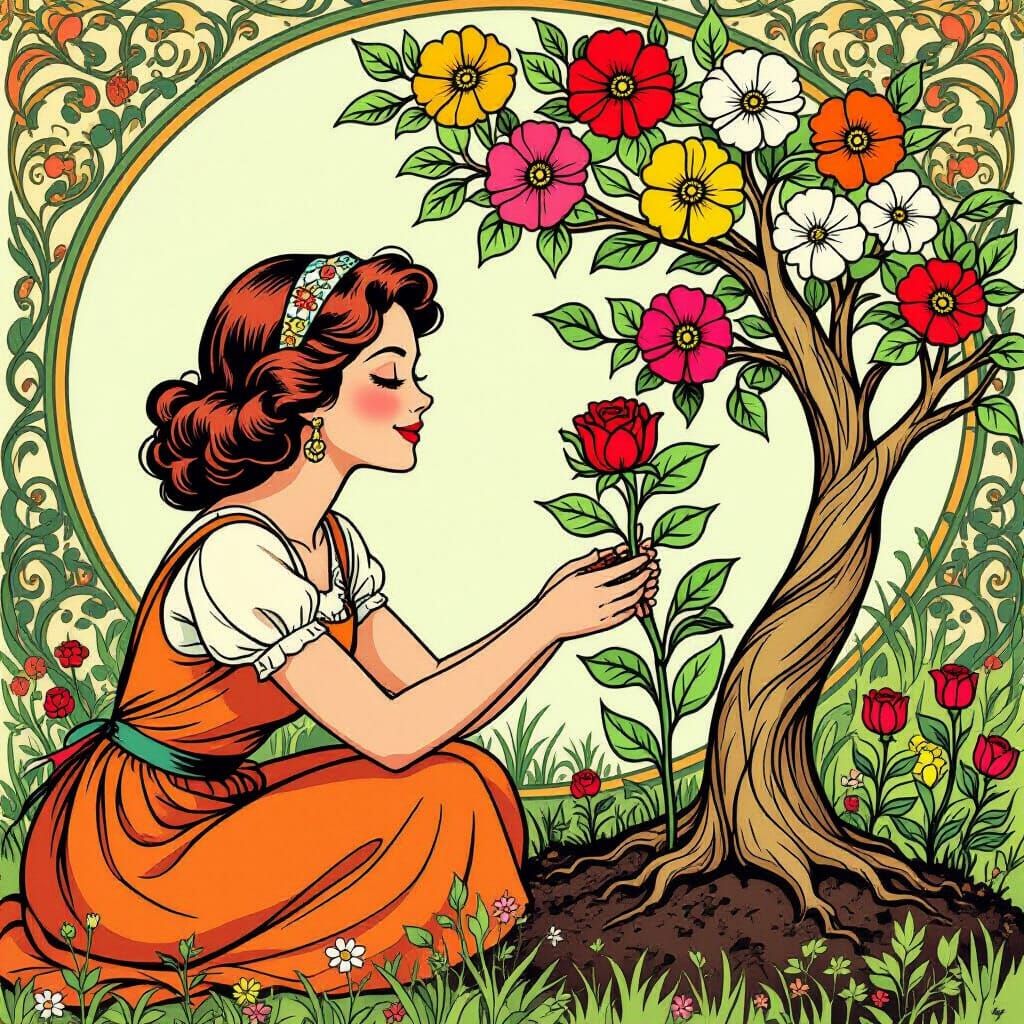 Art Nouveau Comic of Writer Planting an Art Tree