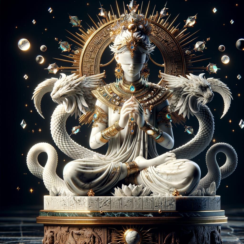 Ethereal Demi-Goddess Statue in Marble with Radiant Gold Acc...