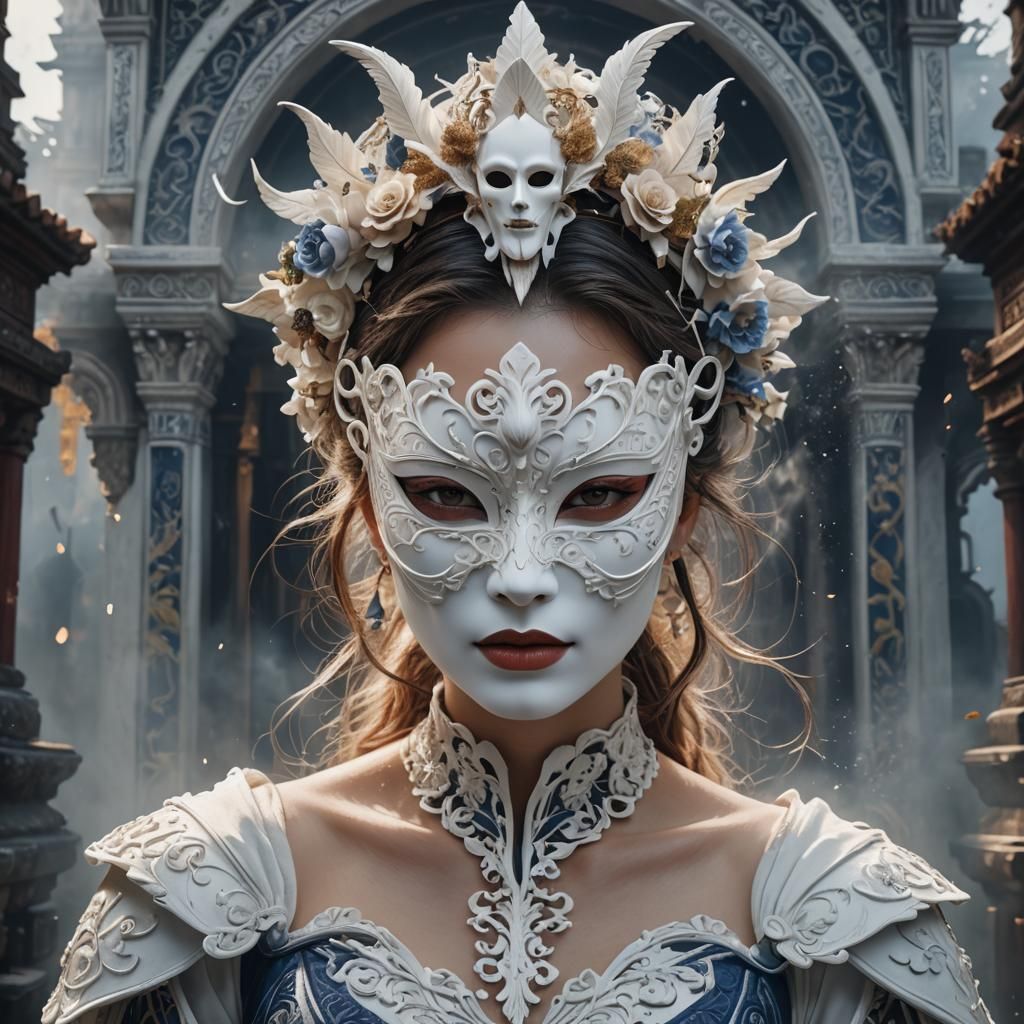Woman in White Porcelain Mask, Detailed Matte Painting