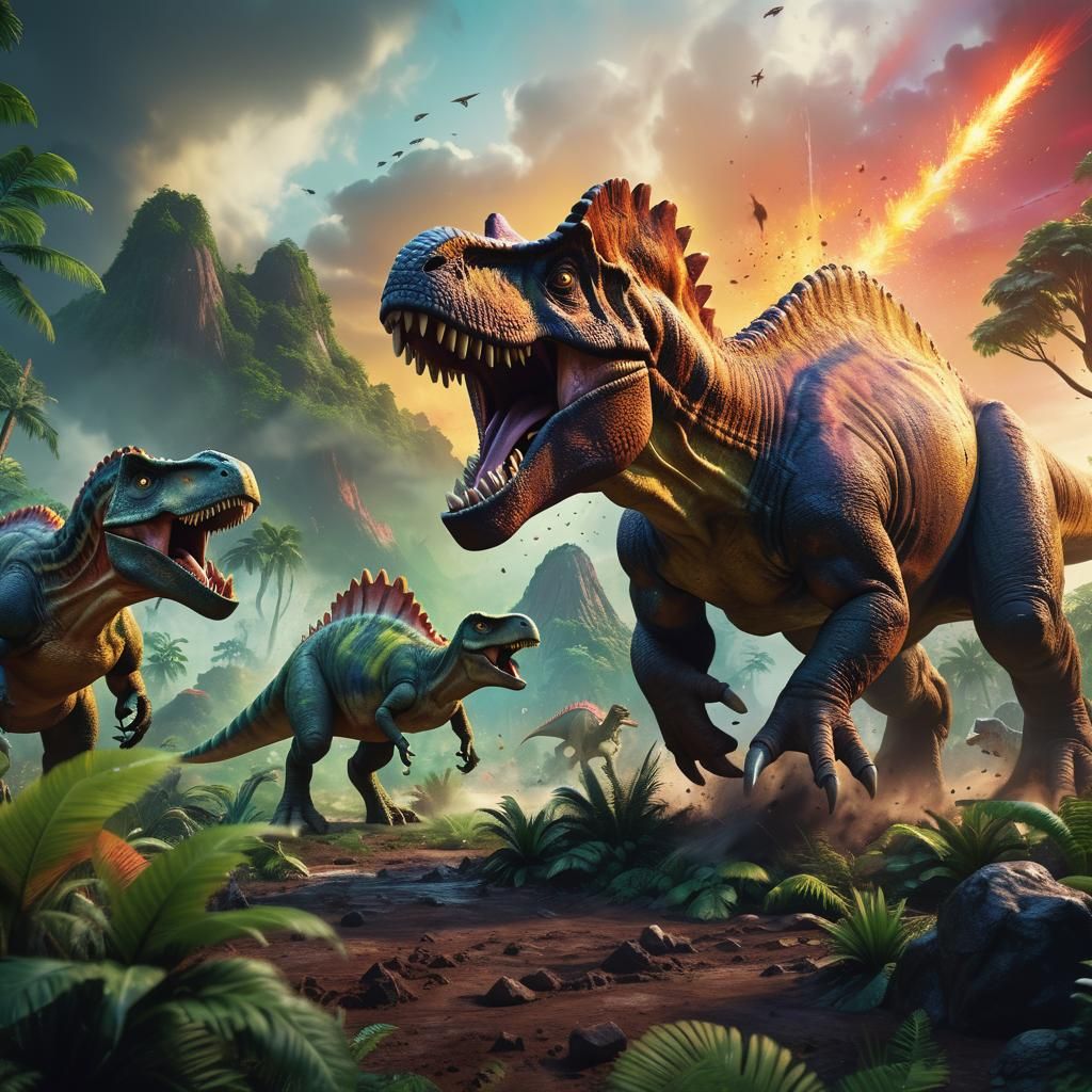 Dinosaurs Attack in Lush Fantasy Landscape
