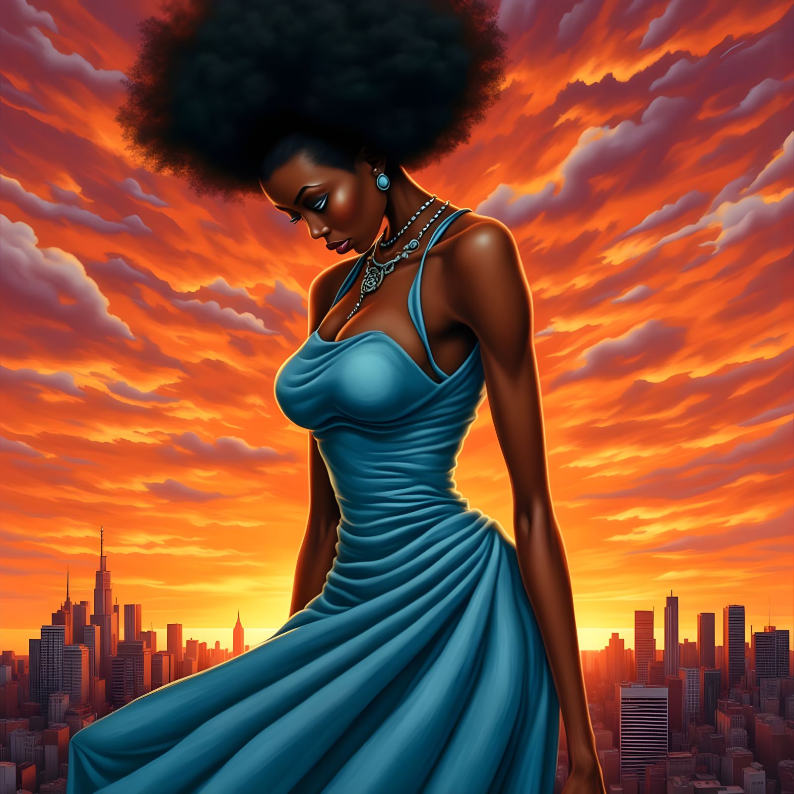 Pensive Black Woman at Sunset, Abstract Expressionist Portra...