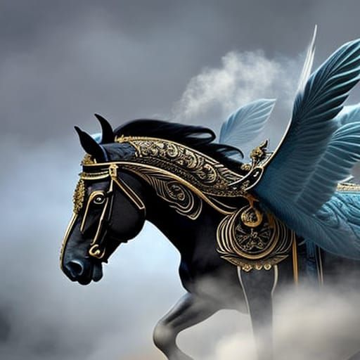 Smoke Art, Hyperdetailed "steampunk Pegasus made from steam" , "winged powerful horse made from smoke and mist"; Hyper-r...