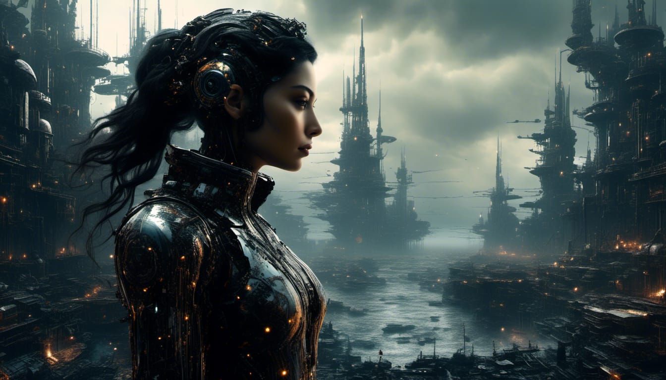 Dark-Haired Cyborg Overlooks Ominous Harbor in Sci-Fi Style