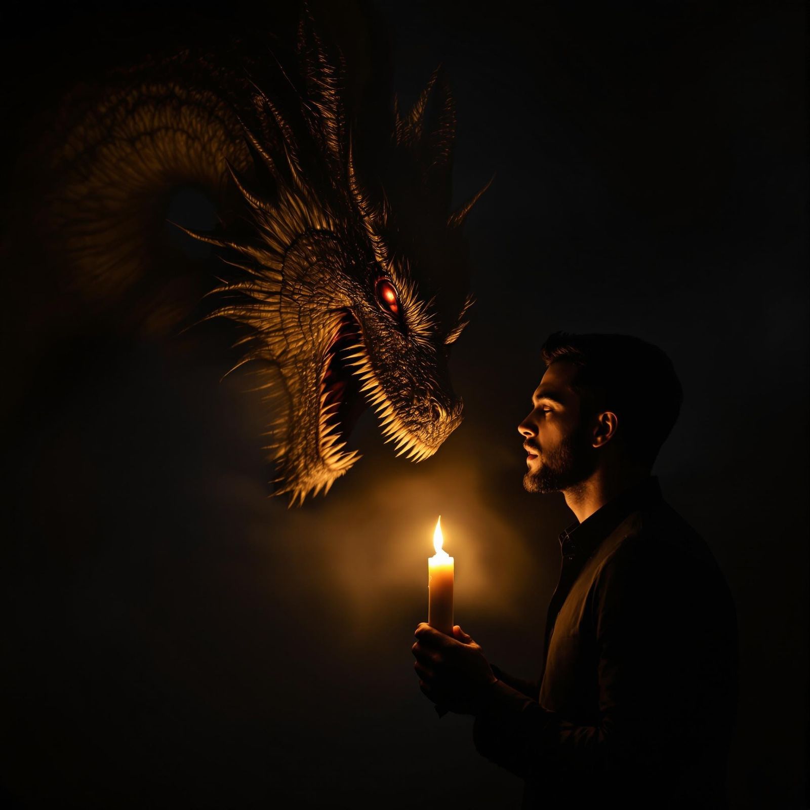 Dragon Gazes at Man with Candle