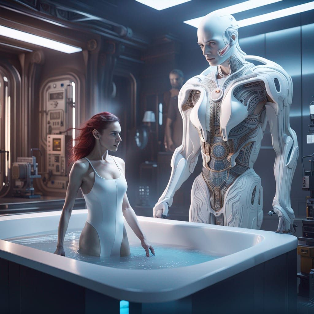 Giant 3D printer creating a cyborg human host Westworld white liquid bath